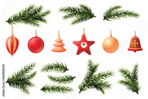 Cartoon christmas toys and fir tree green branches. Isolated decorations for xmas, glass retro toy ball star bell. New year holiday vector clipart