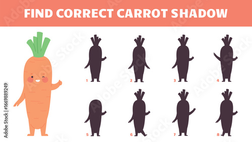Find correct shadow children game. Cute cartoon carrot and shadows. Kids educational and development play template with vegan character, vector design
