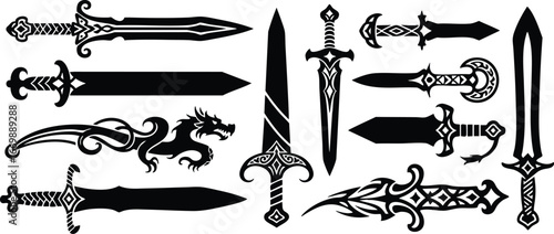 Unleash your inner warrior with these striking sword and dragon silhouette designs for fantasy games, historical art, and bold fantasy style projects