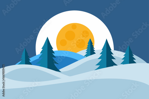 A festive vector illustration of a tranquil winter mountain landscape with a snowy village and decorated Christmas trees under a starry night sky