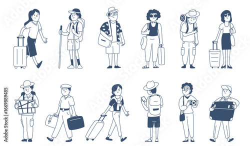 Doodle tourists people. City and camping adventures, characters with suitcase, backpack, map, camera and smartphone. Active travel recent vector set