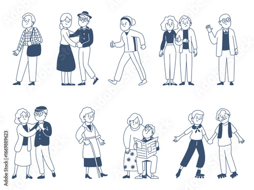 Doodle elderly characters. Old people different activities, walking, dancing, reading newspaper, rollers. Sketch style active grandparents, recent vector set
