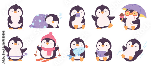 Cute penguin characters. Funny happy penguins in different situations. South pole animals, exotic birds eating ice cream, skiing, reading book, racy vector set