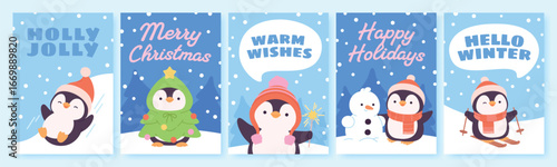 Christmas cards with penguins. Celebrating posters, winter holidays postcard with funny penguin. Seasonal greeting card, invitations, racy vector templates