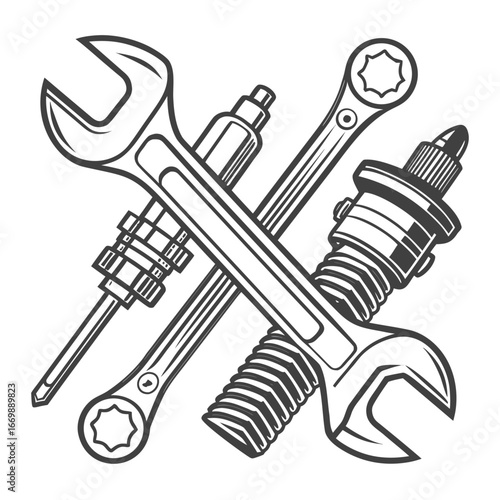 Automotive repair emblem with crossed wrenches and screwdriver, vector logo