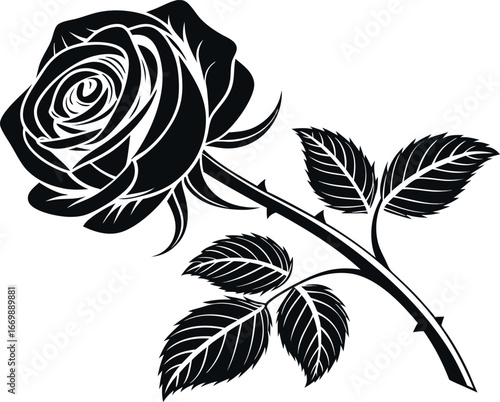Vector art of black and white silhouette of a rose with leaves and thorns
