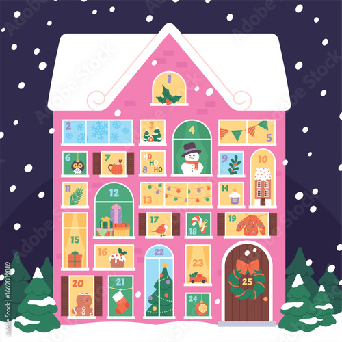 Advent calendar. Christmas style home with tiny presents windows. Xmas gift with different decorations, snowman, fir tree, toys, racy vector template