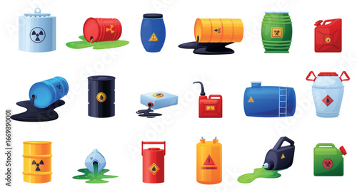 Radioactive liquids in barrels. Oil and toxic substances spill from containers. Plastic and metal barrel for transportation, storage, nowaday vector clipart