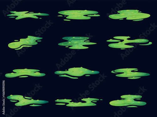 Chemical puddles. Toxic poison liquid substances, magic witch potions. Boiling green slime spill. Flammable dangerous game elements, nowaday vector set