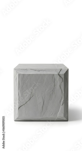 Thick stone podium with beveled edges and fine surface grain, photorealistic rendering, isolated on pure white background.
