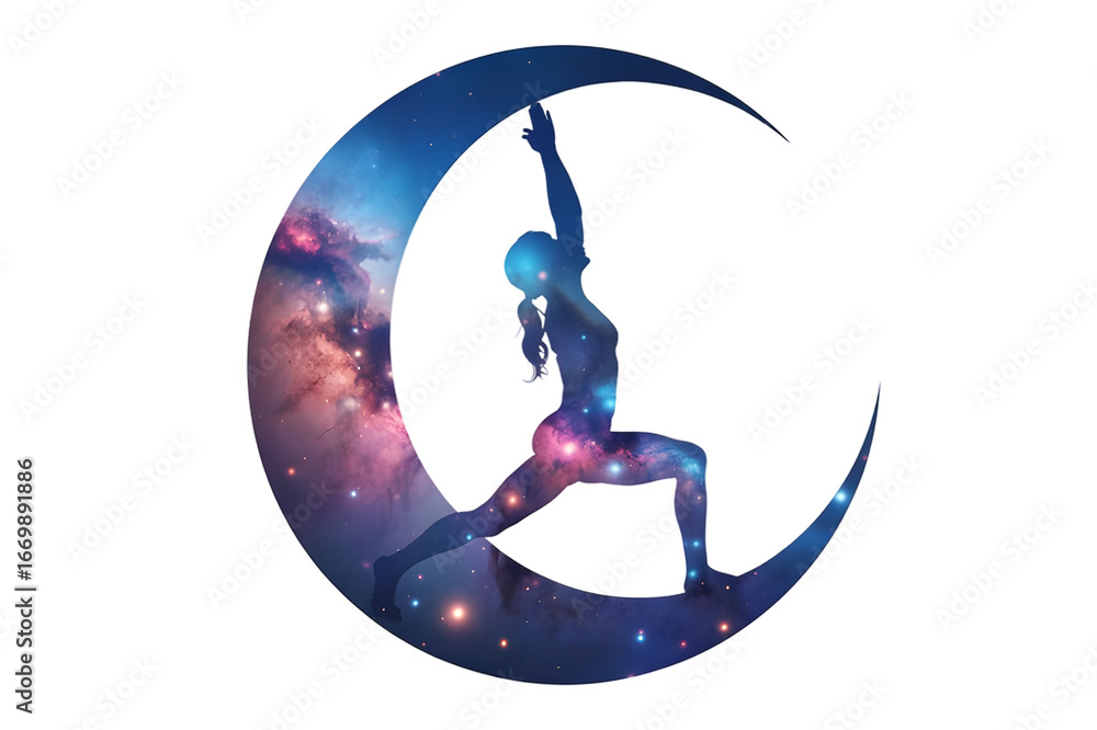 custom made wallpaper toronto digitalSilhouette of a person performing a yoga pose within a crescent moon filled with a vibrant galaxy and stars isolated on transparent background