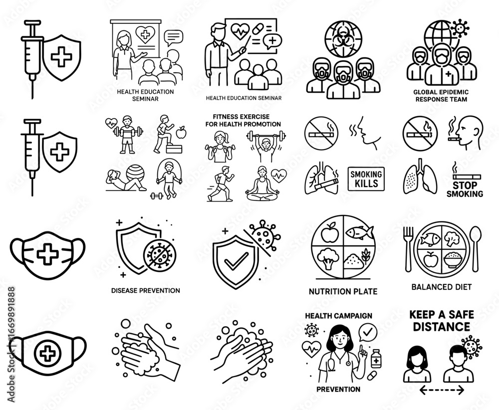 Fototapeta premium healthcare marketing hospital global concept. Health and wellness icons promoting disease prevention and healthy lifestyles.