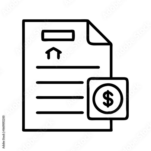 Mortgage document with house and dollar sign for finance and real estate industry needs icon