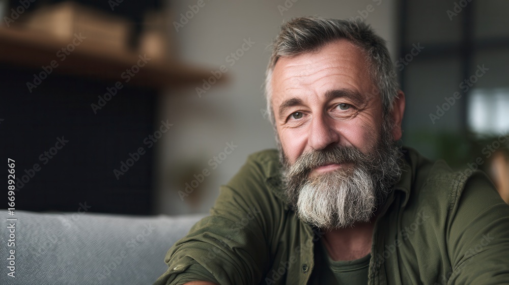 Obraz premium Confident Caucasian mature man with gray beard wearing olive green shirt relaxing at home in living room, portrait of middle-aged male with gentle smile in cozy interior setting