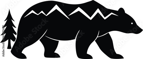 Black bear silhouette filled with mountains and pine trees for nature lovers