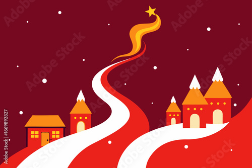 A festive winter landscape with a cozy village, snowy trees, and a house under a starry Christmas night sky