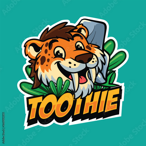 Cute Smilodon head with Toothie word in sticker Cartoon Illustration