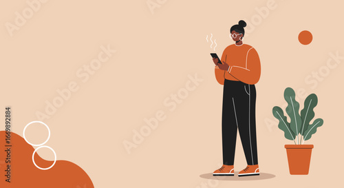 A modern woman uses her smartphone, engaged in communication or browsing. Represents technology, remote work, and contemporary lifestyle.