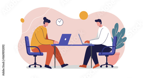 Two focused individuals working on laptops at a shared desk in a modern office, representing productivity, teamwork, and digital collaboration.