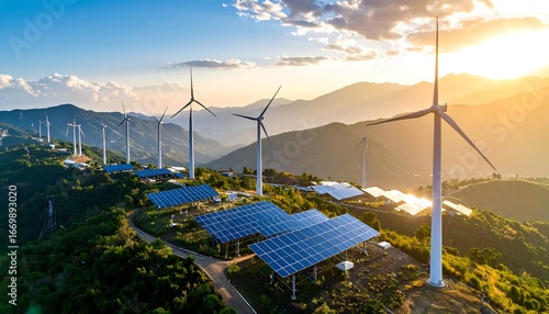 Fototapeta Naklejka Na Ścianę i Meble -  Panoramic view of wind turbines and solar panels on a mountainside at sunset