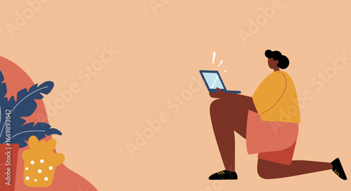 Person kneeling, engaged with a laptop in a minimalist setting, embodying focus and remote productivity. Ideal for business, education, or modern lifestyle concepts.