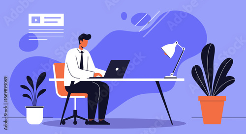 Man using laptop at a desk in a contemporary workspace, illustrating remote work, online education, productivity, and modern business technology.