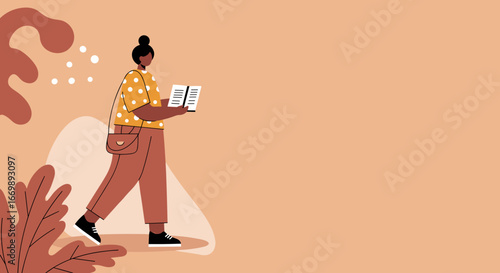 A person walks casually, reading a book, depicting education, personal development, or a relaxed daily routine. Minimalist vector art.