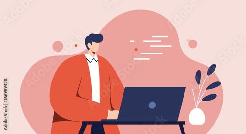 Illustration of a modern professional working productively on a laptop, ideal for concepts of remote work, online business, and digital lifestyle.