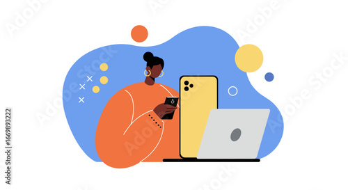 Professional woman multitasking with smartphone and laptop, illustrating modern digital work, communication, and connectivity solutions.
