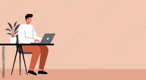 Man working on laptop at a minimalist desk. Represents remote work, online learning, and digital productivity, ideal for business or modern lifestyle.