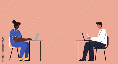 Diverse individuals working independently on laptops at separate desks, illustrating remote work, productivity, or online learning concepts.