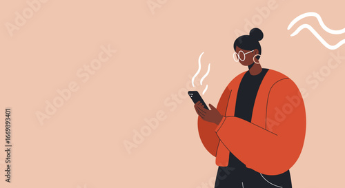 Stylish woman focused on her smartphone, representing modern digital communication, online connectivity, and engaging lifestyle content.