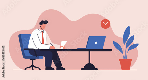 Focused businessman diligently working at his desk with a laptop and papers, symbolizing productivity, organization, and professional tasks.