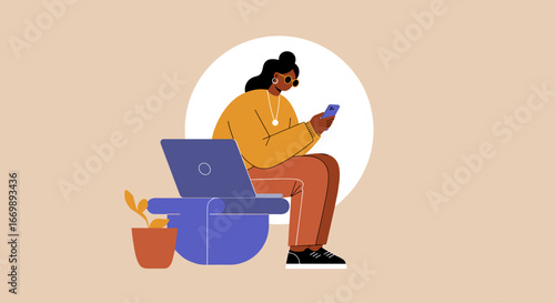 Person enjoying digital connection, balancing work or leisure on a smartphone and laptop. Perfect for themes of technology, remote work, and modern lifestyle.