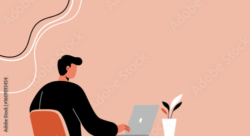 Man working remotely on a laptop in a minimalist home office setup, symbolizing modern productivity and flexible work-life balance.
