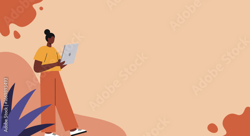 An illustrative image of a focused Black woman engaging with a laptop, ideal for concepts of remote work, technology, online learning, and modern digital lifestyle.