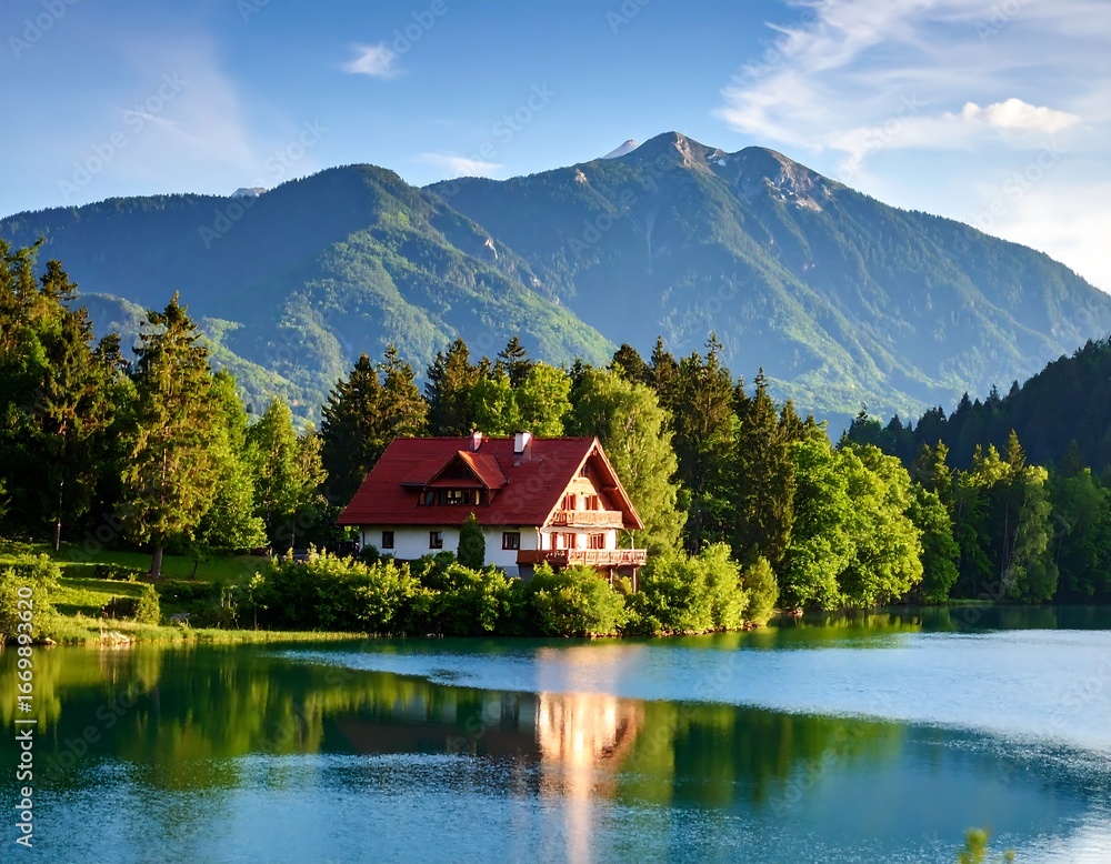 Fototapeta premium Scenic lake house nestled in mountains