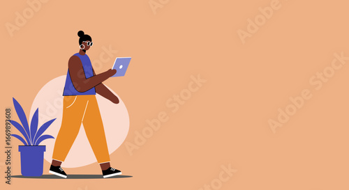 Stylish woman walking with a tablet, engaged in digital work or online learning. Perfect for business, education, and modern lifestyle concepts.