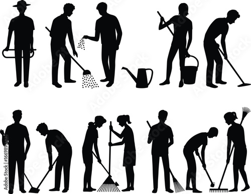 Silhouettes of people working in the garden, planting, watering, raking, sweeping, teamwork, community gardening, outdoor activity, nature care, garden maintenance, environmental work, cooperation