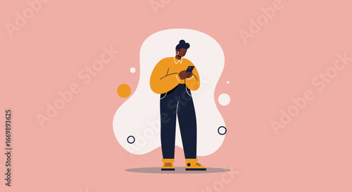 Stylish Black woman using a smartphone, connecting and communicating in a modern digital world. Perfect for technology, lifestyle, and business concepts.