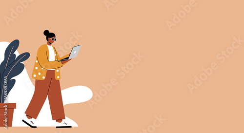 Modern professional working remotely on laptop while walking. Represents mobile productivity, online communication, freelance work, and flexible lifestyle.