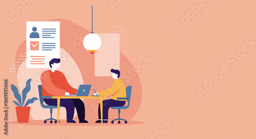 Two men engaging in a professional business meeting or job interview at an office desk with a resume displayed. Ideal for recruitment, HR, and career themes.