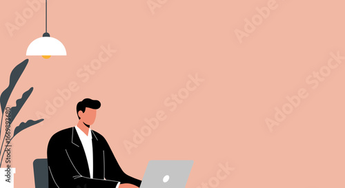 Professional man working intently on his laptop in a modern office, representing productivity, remote work, business, and online education concepts.