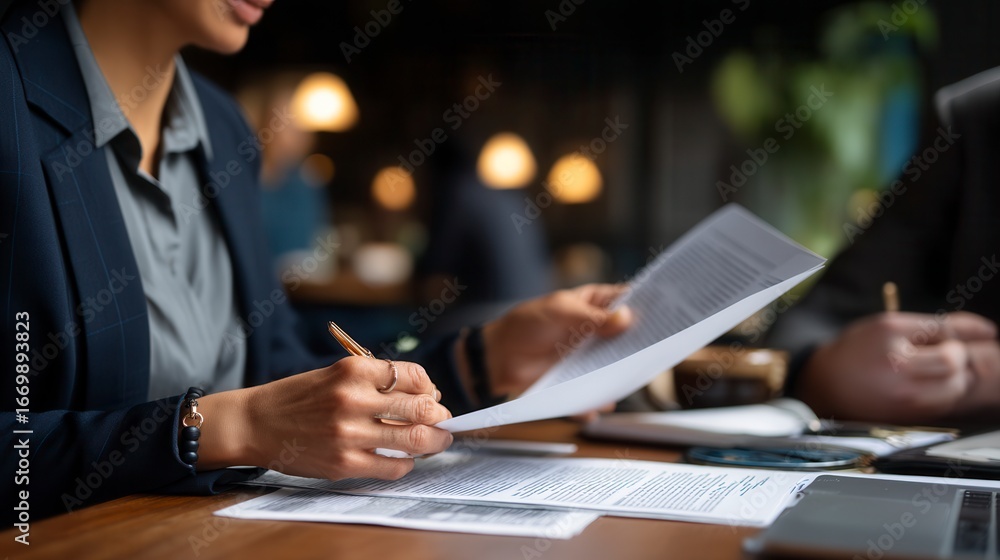Focused professional in navy blazer reviewing documents and taking notes with elegant pen during business meeting in upscale restaurant with ambient lighting Focused professional in navy blazer reviewing documents and taking notes with elegant pen during business meeting in upscale restaurant with ambient lighting