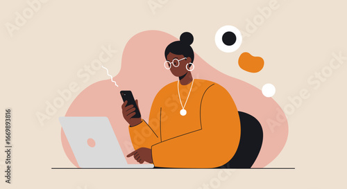 Woman multitasking with a laptop and smartphone, representing remote work, online communication, and modern digital productivity or business lifestyle.