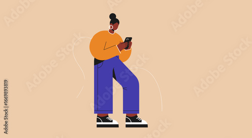 A stylish Black woman uses her smartphone for communication, social media, or online activities. Ideal for concepts of digital lifestyle, technology, remote work, or connectivity.