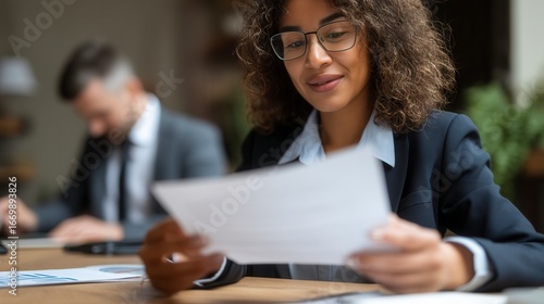 Confident mixed race female professional reviewing documents in modern office with colleague working in background, corporate business environment