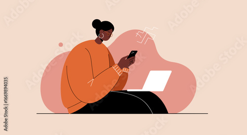 A modern Black woman uses her smartphone and laptop, representing digital communication, remote work, or online learning. Perfect for technology and lifestyle content.