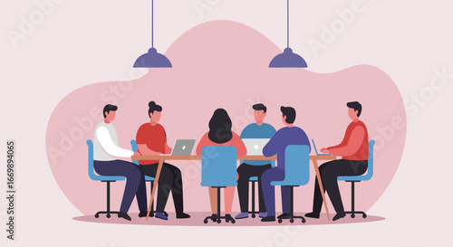 Diverse team collaborating in a modern office, engaged in a productive meeting with laptops. Perfect for business, startup, and teamwork concepts.