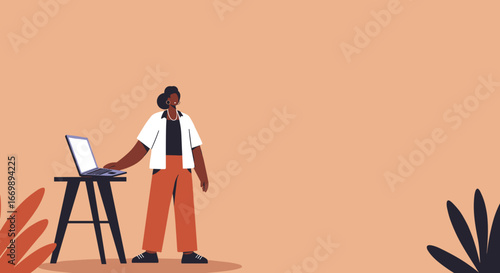 A professional Black woman works on her laptop in a modern, minimalist setting, representing digital creativity, remote work, and business success.